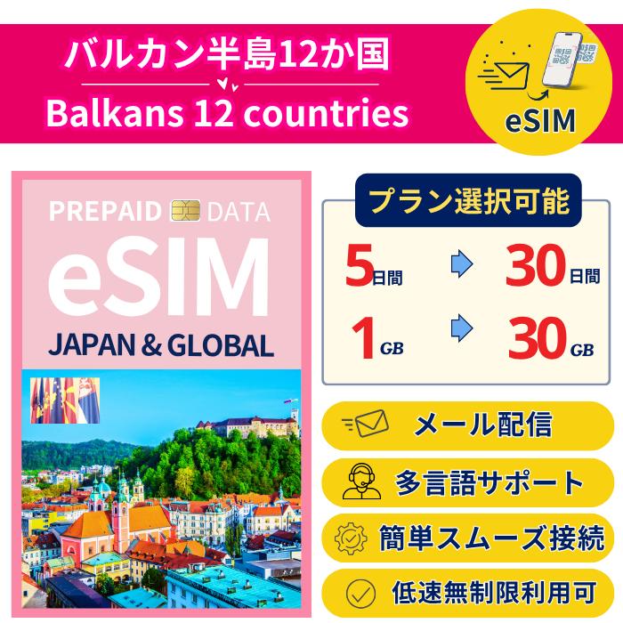 [バルカン半島12か国 eSIM] データ専用 プリペイド 最短即日メール配信 容量 日数選択可 低速無制限付 日本語サポート 利用期限なし 実店舗販売（Yahoo!・イン・プラス株式会社）