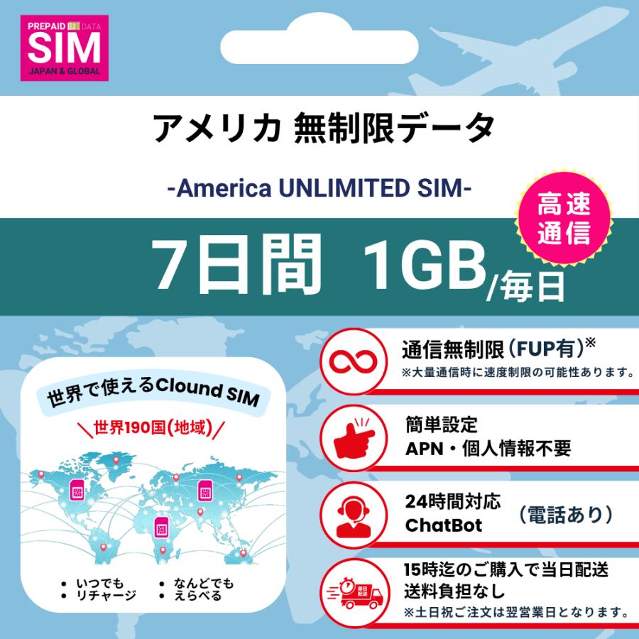 【アメリカSIM】無制限 データ通信専用 プリペイドSIMカード 旅行 出張 帰国向け 7日 1GB 格安SIM 送料無料 簡単設定 登録不要 ...
