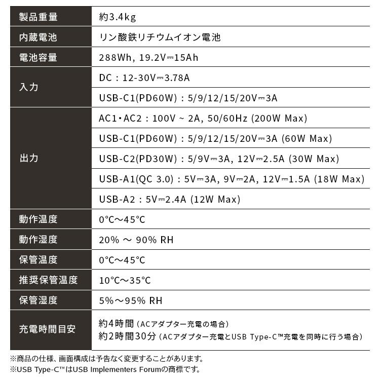ポータブル電源 小型 コンパクト 200W 288Wh アウトドア キャンプ 車中泊 防災 災害 非常用 モバイル電源 IPU-A280-W アイリスオーヤマ *の画像