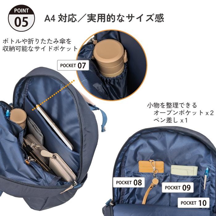 リュック レディース アネログランデ 10ポケット 大容量 軽量 撥水 A4 PC 15インチ 通勤 通学 旅行 キャリーオン ナイロン おしゃれ 大人 マザーズリュック 21L | anello GRANDE | 09