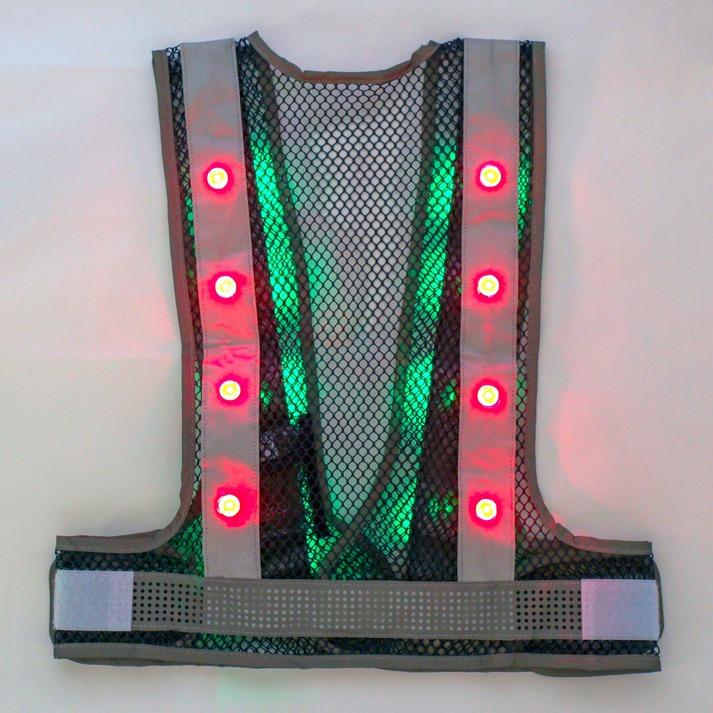 メッシュの粗いLEDベスト「LEDアラベス」前面緑LED・背面赤LED(GR)両輝・オレンジ×シルバー 5着 MBL-LED-OS-GR-5 安全用品 電池 安全 ベスト 作業用ベスト 爆買_1