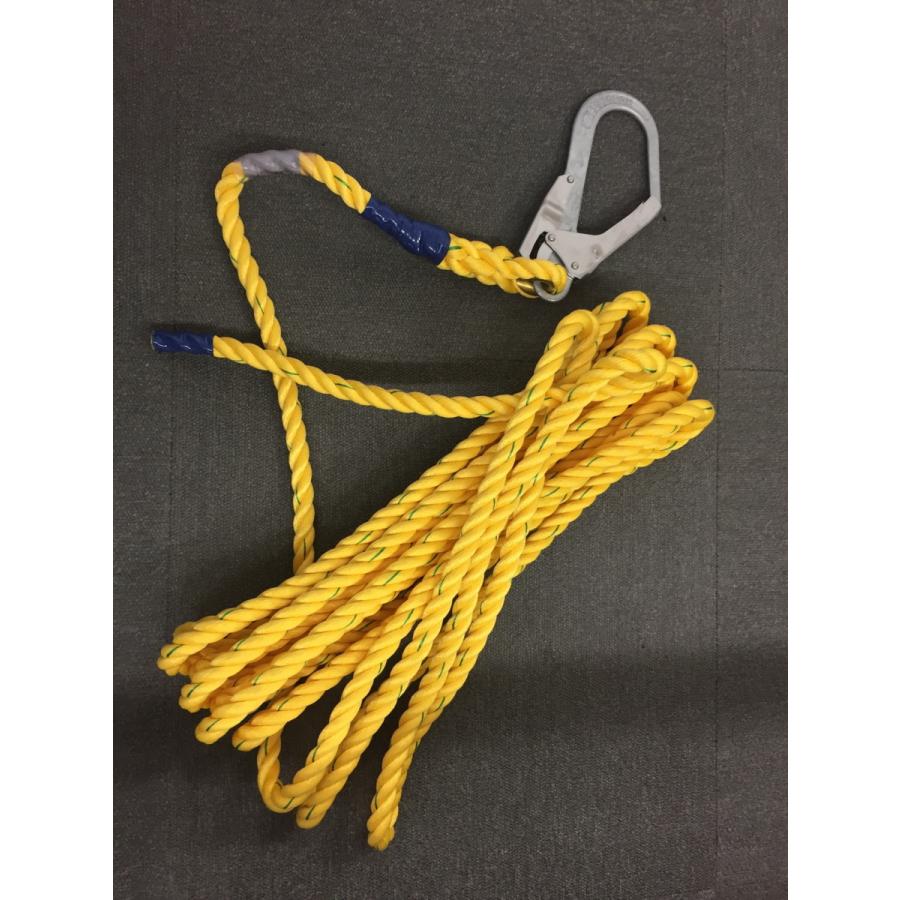 親綱ロープ （片フック付き） 16φ x 6m 片側大フック付き 黄 親綱 ロープ 安全帯 安全ロープ 落下防止 墜落防止 :OD16Y6