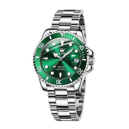 【並行輸入品】 OLEVS Self Winding Watches for Men Silver Gold Two Tone Large Face Watch Big Wrist Water Resistant No Battery Green Men Silver Watches