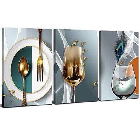 【並行輸入品】 AIYISU 3 Piece Kitchen Wall Art Wine Glass Pictures for Dining Room Wall Decor Teal Gray Gold Wine Cups Posters Abstract Geometric | ブランド登録なし