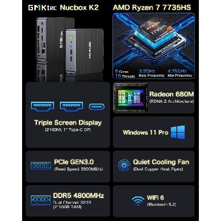 GMKtec Gaming Mini PC Windows 11 Pro AMD Ryzen 7 7735HS Mini Computer up to 4.75GHz 32GB DDR5 RAM 1TB Hard Drive PCIe SSD AMD Radeon 680M, 2 x HDMI, 1｜inter-trade｜03