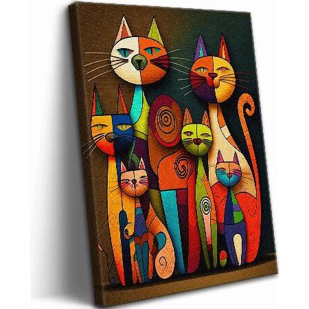 並行輸入品】 額入り風変わりな猫キャンバスウォールアート カラフルな