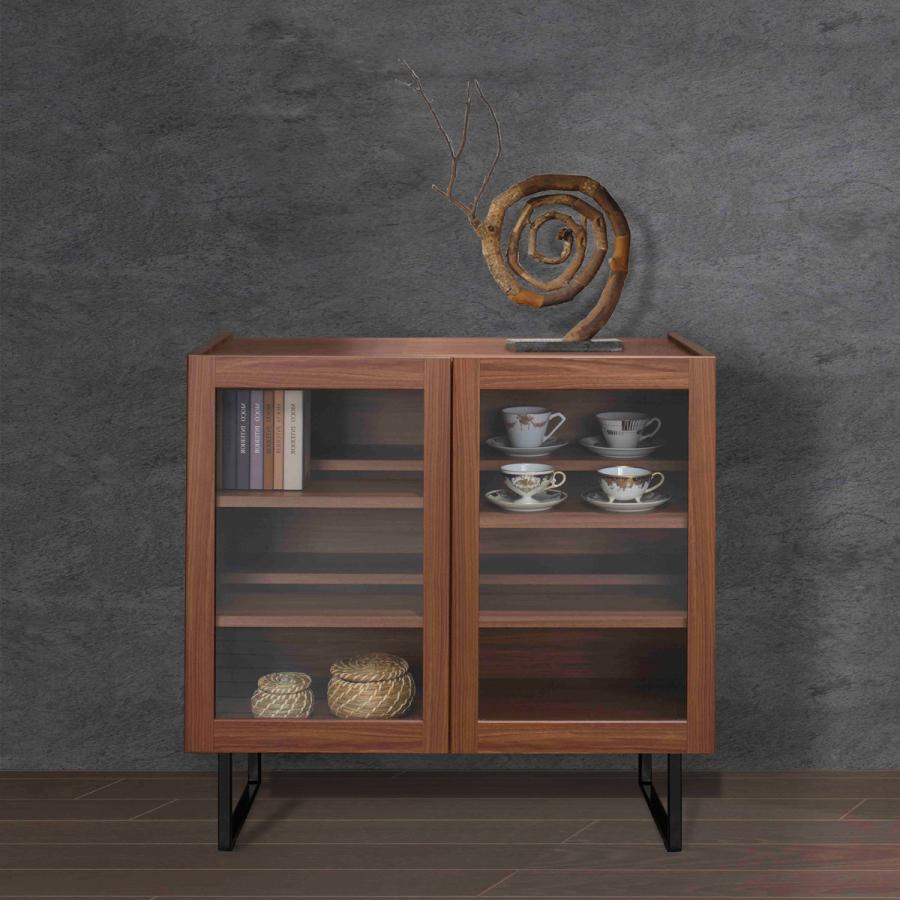 サイドボード ガラス扉 キャビネット リアルウォルナット 幅80cm 奥行33cm 高さ75cm BLD-80G スリム 薄型 飾り棚 コレクション ケース 国産 完成品 | 
