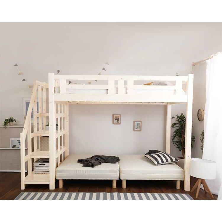 ロフトベッド 子どもベッド 階段 ハイタイプ 木製 すのこ ホワイト  白 こども用 大人用 フレームのみ 組立オプション 収納付き シンプル 頑丈 |  | 02