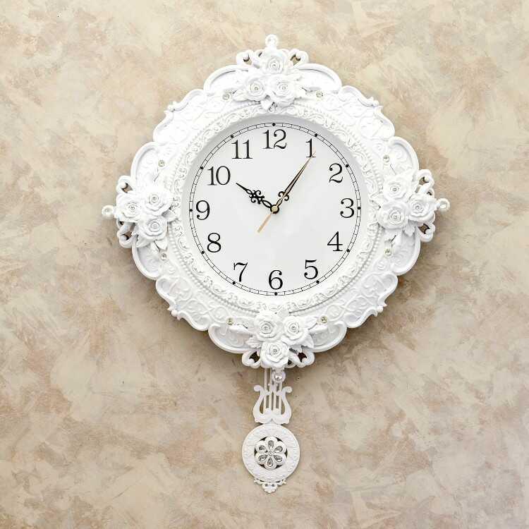 白薔薇デザインのヨーロピアン壁掛け振り子時計 音なしスイープ