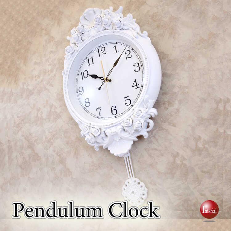 大きいサイズの白薔薇デザインのビクトリアン壁掛け振り子時計 音なしスイープムーブメント ウォールクロック 連続秒針 おしゃれ ゴージャス 上品 寝室 書斎 | 