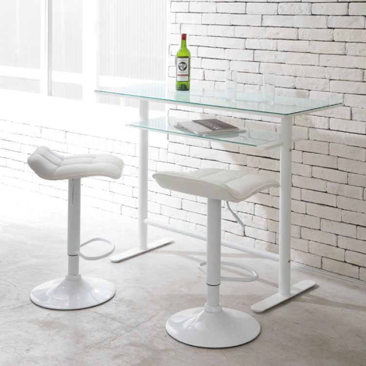 カウンターテーブル 白 ホワイト 幅120cm ガラス製 棚付 収納付