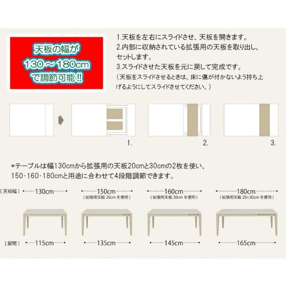 地域限定SALE適応中！】幅130ー180cm 伸長式 ダイニングテーブル 白