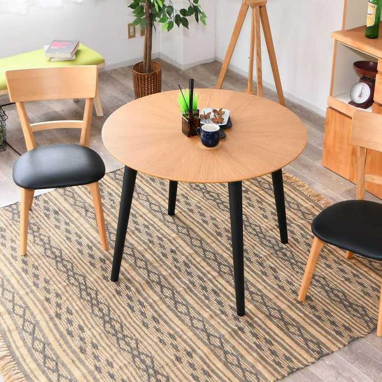 木製ダイニングテーブル 直径90cm 直径90cm・天然木オーク製の丸型ダイニングテーブル ナチュラル色 直径