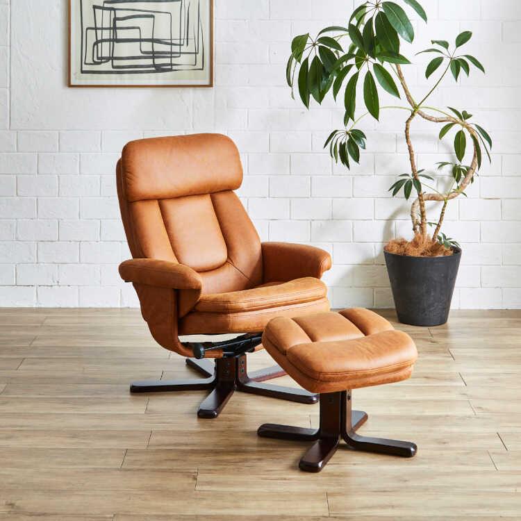 パーソナルチェア お洒落 リクライニングチェア オットマン付 肘付き ハイバック リクライニング 布 一人掛け キズに強い アンティーク ライトブラウン |  | 01