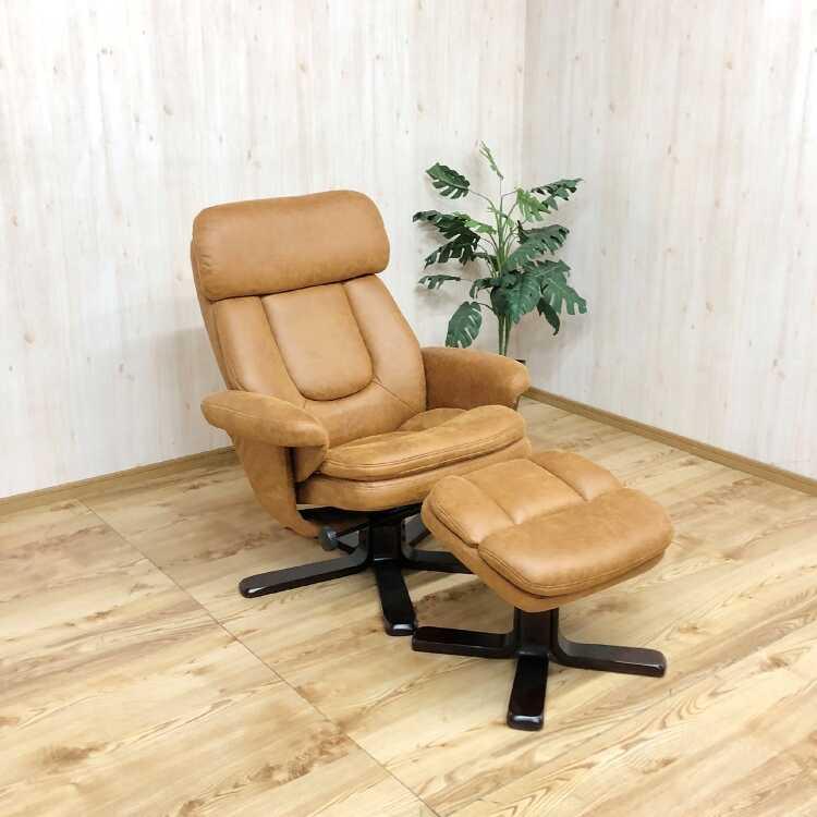 パーソナルチェア お洒落 リクライニングチェア オットマン付 肘付き ハイバック リクライニング 布 一人掛け キズに強い アンティーク ライトブラウン |  | 02