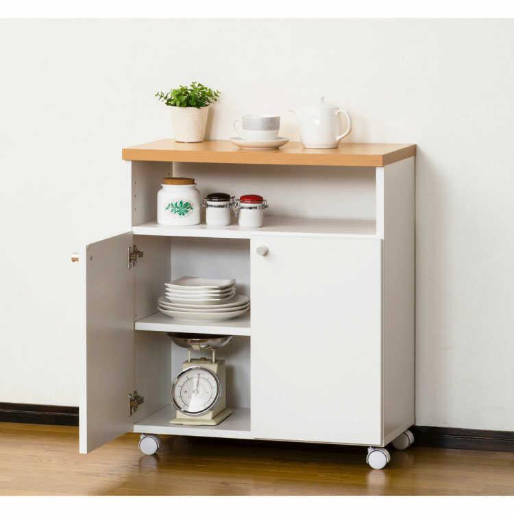キッチンワゴン 台所収納 キャスター付き 幅60 コンパクト スリム 国産 カウンター下収納 ホワイト 白 ナチュラル 扉収納 可動棚 奥行32 |  | 03