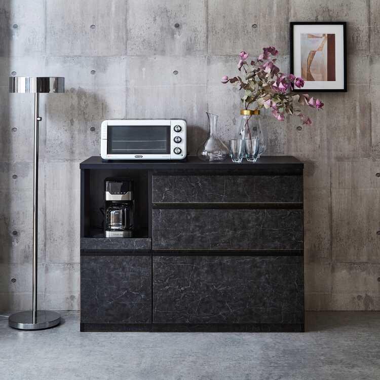 BLACK大理石調キッチンカウンター キッチンカウンター 幅120 おしゃれ 大理石柄 ブラック 完成品