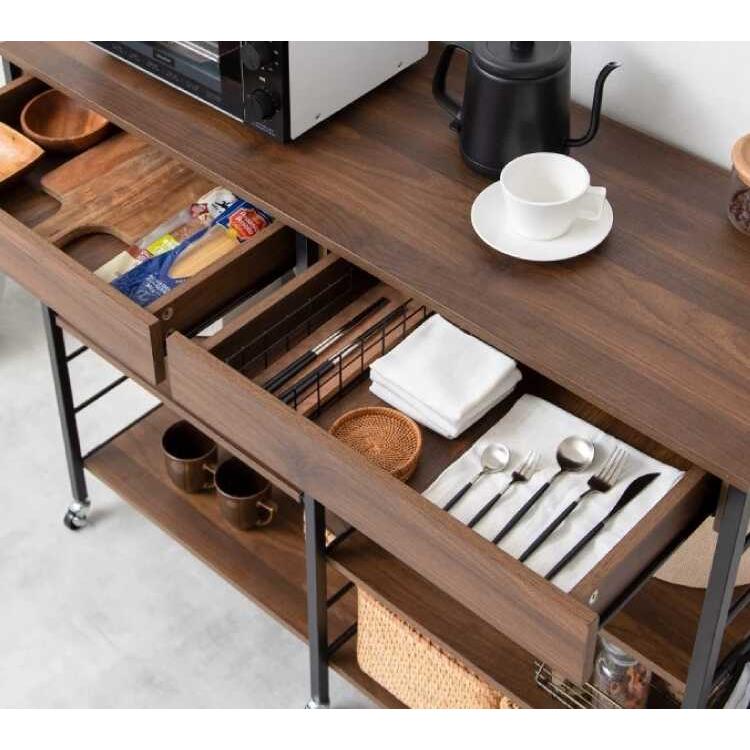 レンジラック 幅120cm 引き出し付き 収納ラック 幅120 ロータイプ お洒落 ブラウン レンジ台 レンジラック