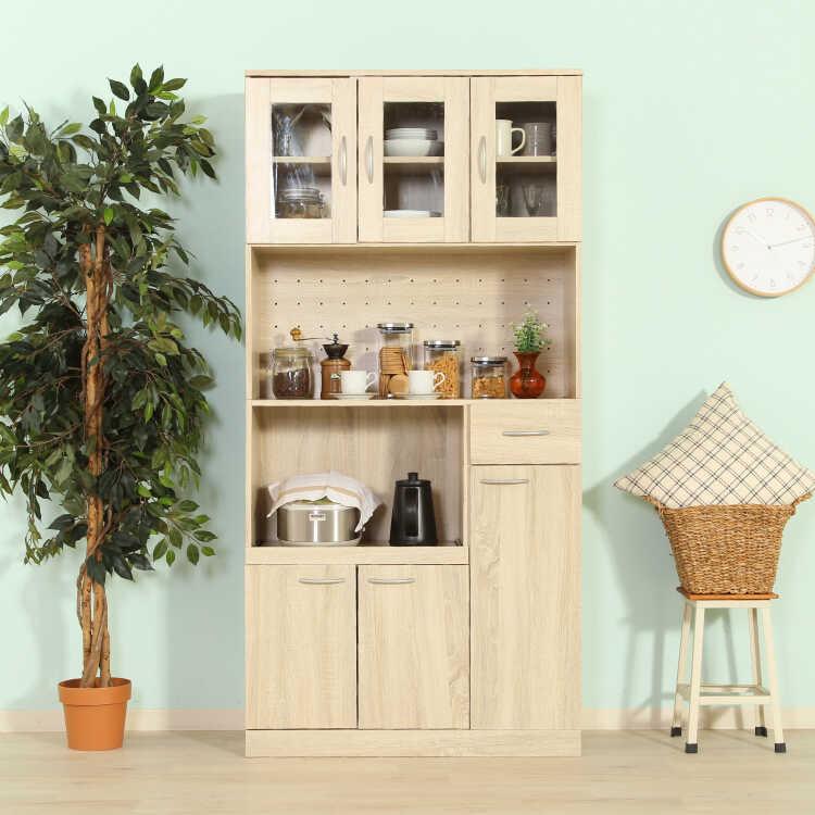 キッチンボード 食器棚 90cm おしゃれ 北欧 木目調 ハイタイプ キッチン 収納 スライド棚 引き出し 扉収納 シンプル キッチン ...