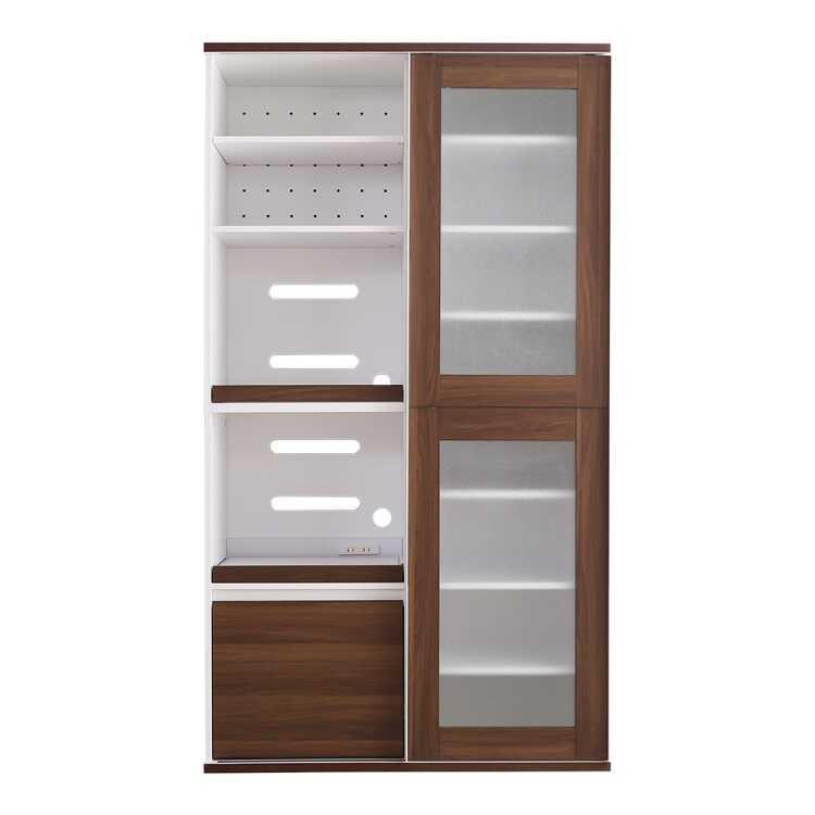 キッチンボード 食器棚 レンジ台 幅100 ブラウン 引き戸 ガラス扉 北欧