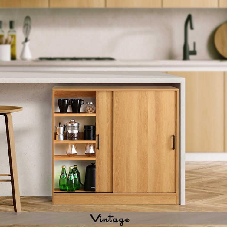 カウンター下収納 キッチン 幅90 奥行21 薄型 スリム 引き戸 ナチュラル色 木目 木製 おしゃれ 可動棚 棚板 キャビネット コンパクト |  | 02