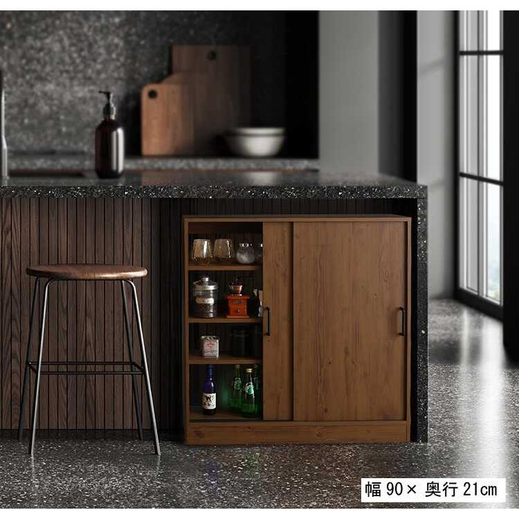 カウンター下収納 キッチン 幅90 奥行21 薄型 スリム 引き戸 ウォールナット色 ブラウン 木製 おしゃれ 可動棚 棚板 キャビネット 一人暮らし |  | 02