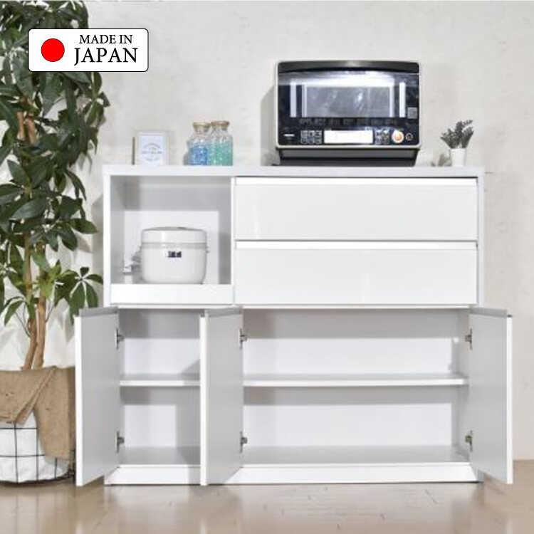 幅120cm・光沢ホワイトの日本製キッチンカウンター・間仕切りOK・完成