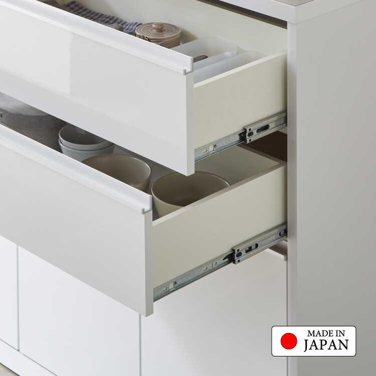 幅120cm・光沢ホワイトの日本製キッチンカウンター・間仕切りOK・完成