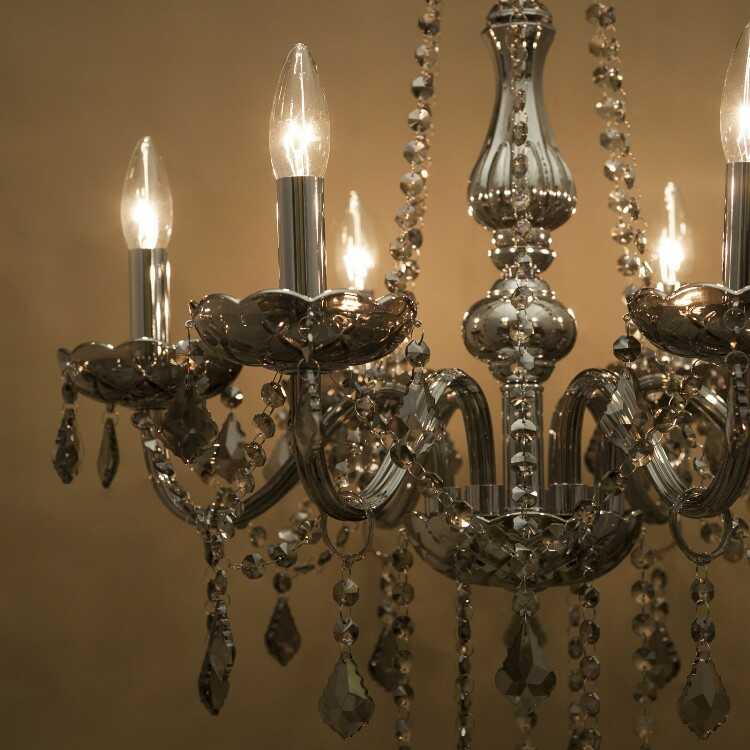 シャンデリア 6灯 スモーク クリスタルガラス LED対応 シルバー 照明