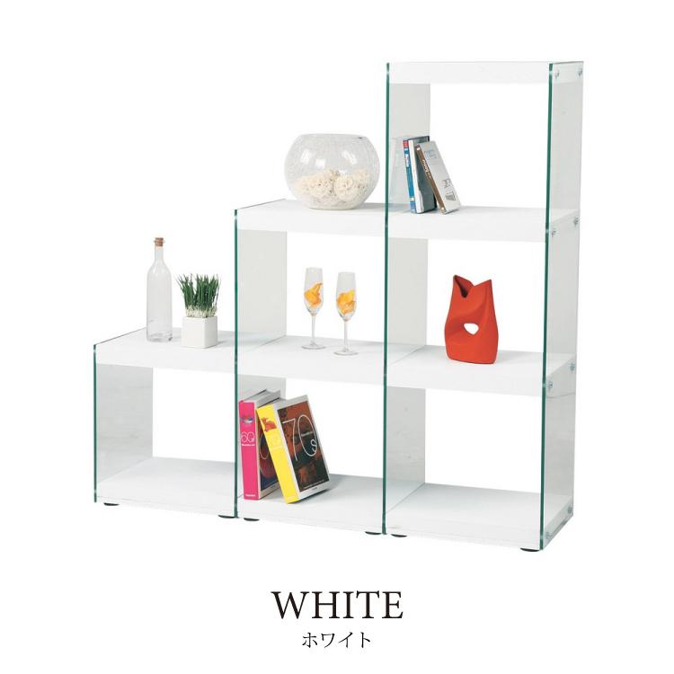 ホワイト ガラス収納棚 3段 幅123cm・スタイリッシュオープンラック（ガラス製／3段
