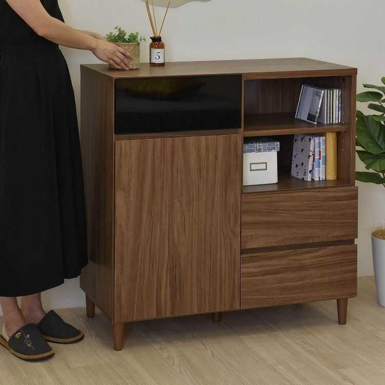 キャビネット 引き出し ラック 扉収納 リビング サイドボード 作業台 幅89cm 木目 ブラウン ブラック 鏡面 モダン 大容量 ロータイプ 脚付 マルチ収納 |  | 14
