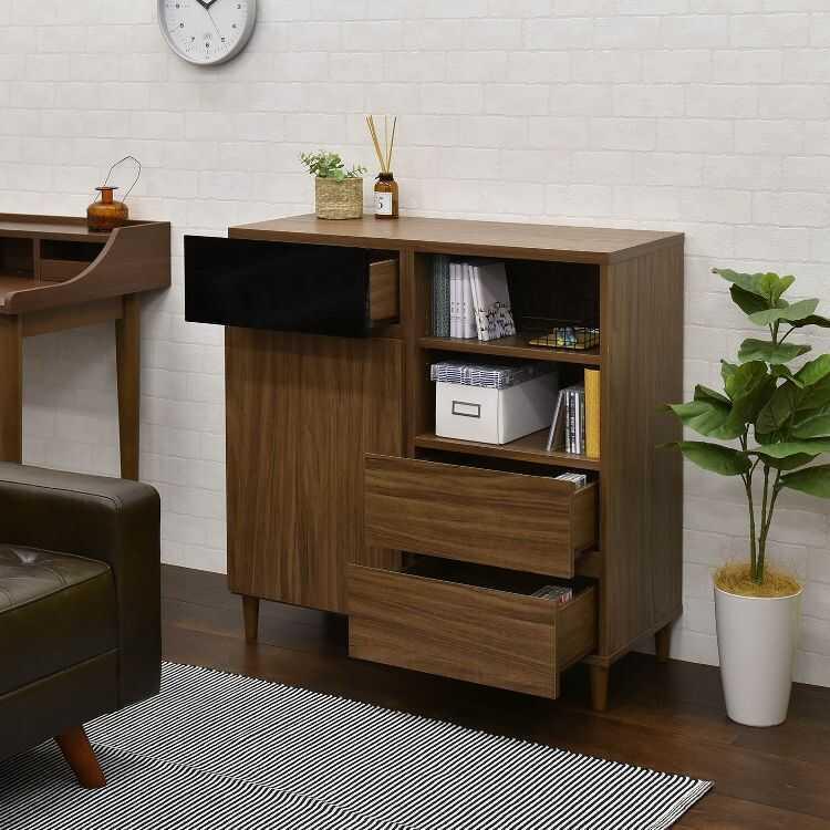 キャビネット 引き出し ラック 扉収納 リビング サイドボード 作業台 幅89cm 木目 ブラウン ブラック 鏡面 モダン 大容量 ロータイプ 脚付 マルチ収納 |  | 15