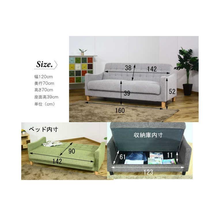 幅160cm・収納付きソファーベッド三人掛け（布ファブリック張り／完成