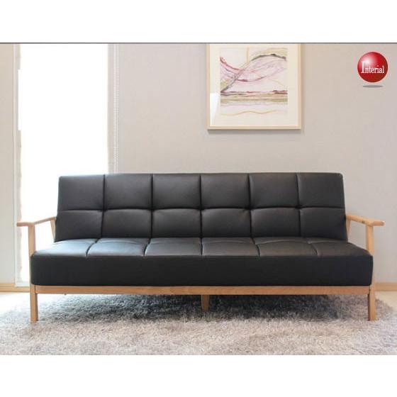 幅196cm・PVCレザー製ソファーベッド・黒ブラック（合製皮革／3