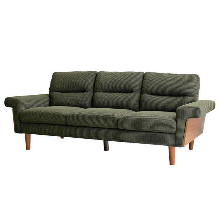 ソファー　3人掛け　幅198cm　布製　コーデュロイ　木製フレーム　ウッド　肘掛付　肘付 　ファミリー　リビングソファ　モスグリーン |  | 02