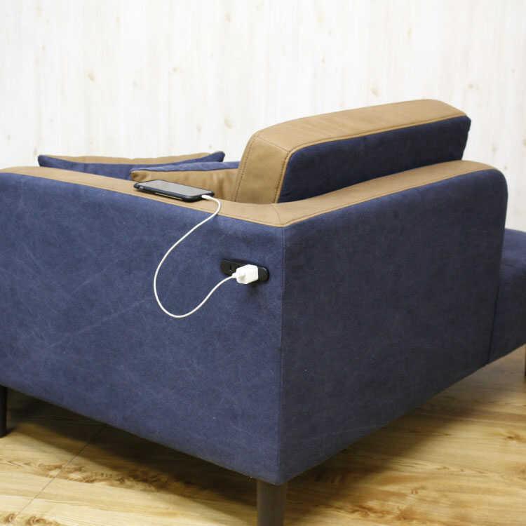 カウチソファー 幅130cm 190cm ワイドスツール付 かわいい 帆布 ネイビー 電源コンセント付 |  | 08