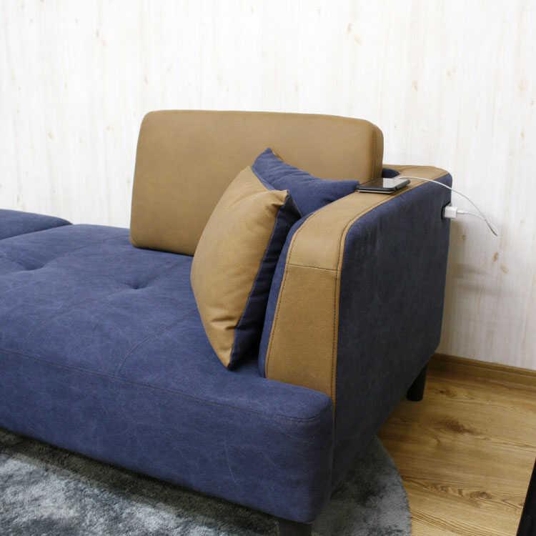 カウチソファー 幅130cm 190cm ワイドスツール付 かわいい 帆布 ネイビー 電源コンセント付 |  | 09