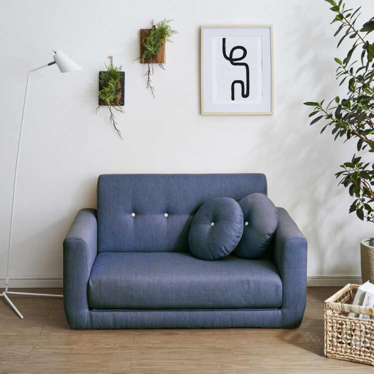 木製ソファ クッション付き 2人掛けソファー グレー