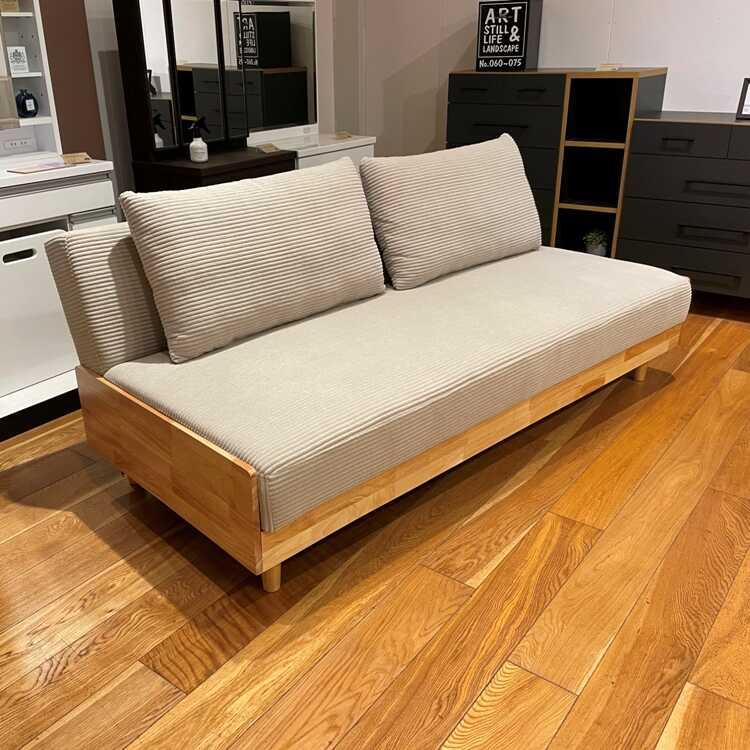 幅189cm・北欧風布製ソファーベッド ベージュ色 クッション2個付き ファブリック張り おしゃれ かわいい 天然木ラバーウッド製 シンプル 家具 インテリア |  | 01