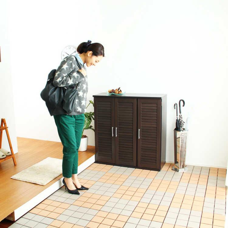 下駄箱 靴箱 シューズボックス 収納 玄関収納 大容量 ダークブラウン 幅90  ルーバー扉 おしゃれ 通気性 ロータイプ 低い 可動棚 シンプル |  | 01