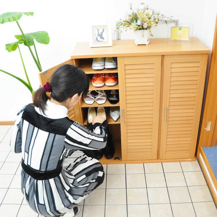下駄箱 靴箱 シューズボックス 収納 玄関収納 大容量 ナチュラル色 幅90  ルーバー扉 おしゃれ 通気性 ロータイプ 低い 可動棚 シンプル |  | 06