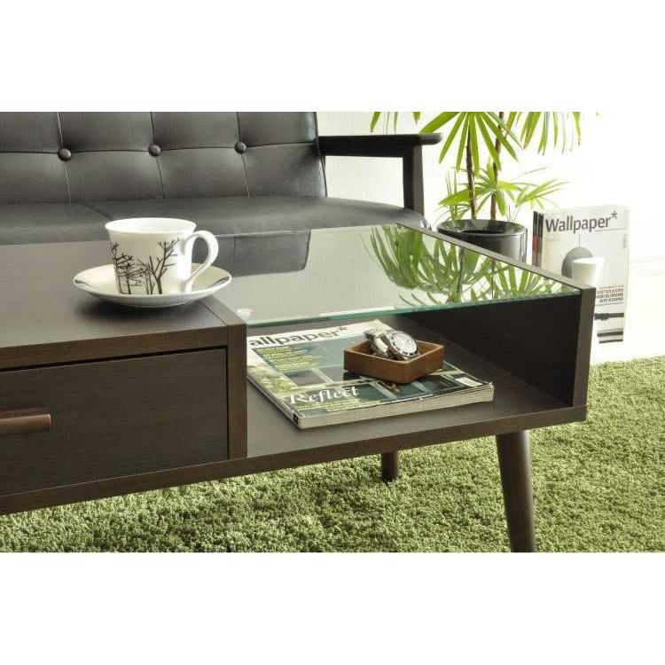 リビングテーブル　ガラス　ウッド調　収納付　棚　引き出し　ディスプレイ |  | 14