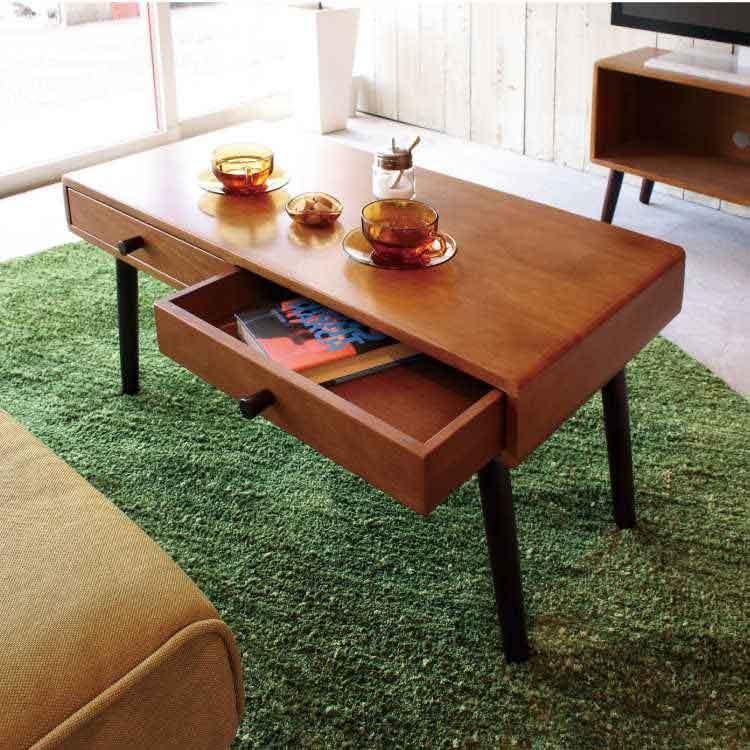 リビングテーブル 幅80cm 天然木製 ラバーウッド製 引き出し 収納付 完成品 ブラウン 北欧 和モダン |  | 03