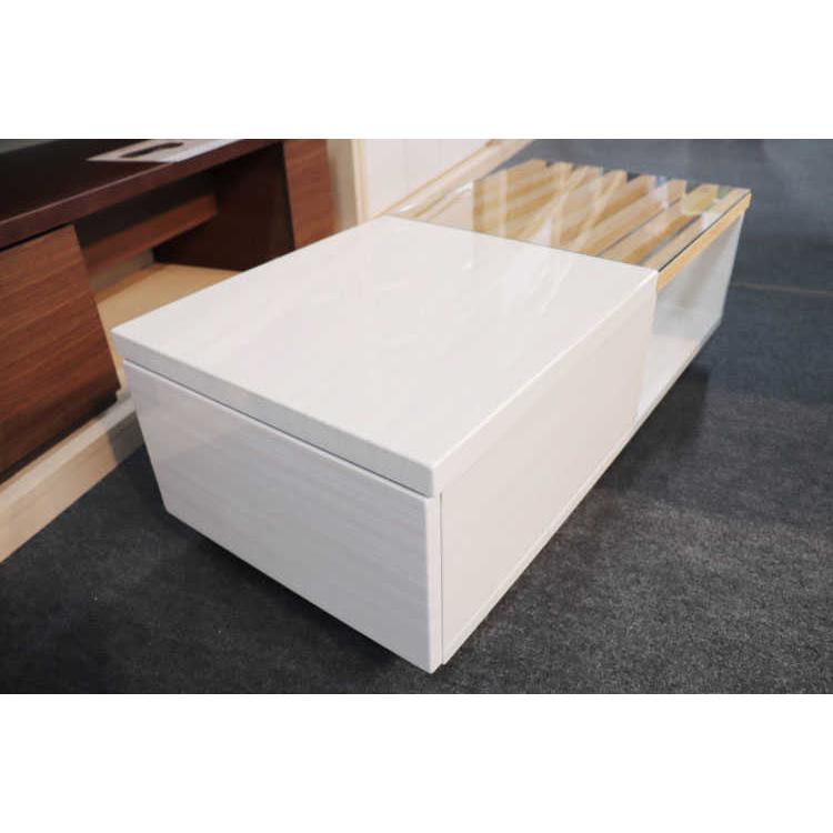 【地域限定SALE適応中！】センターテーブル　幅100cm　光沢　白　ホワイト　天然木製　タモ製　格子　引出　収納付 |  | 01