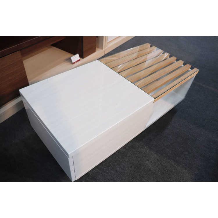 【地域限定SALE適応中！】センターテーブル　幅100cm　光沢　白　ホワイト　天然木製　タモ製　格子　引出　収納付 |  | 02