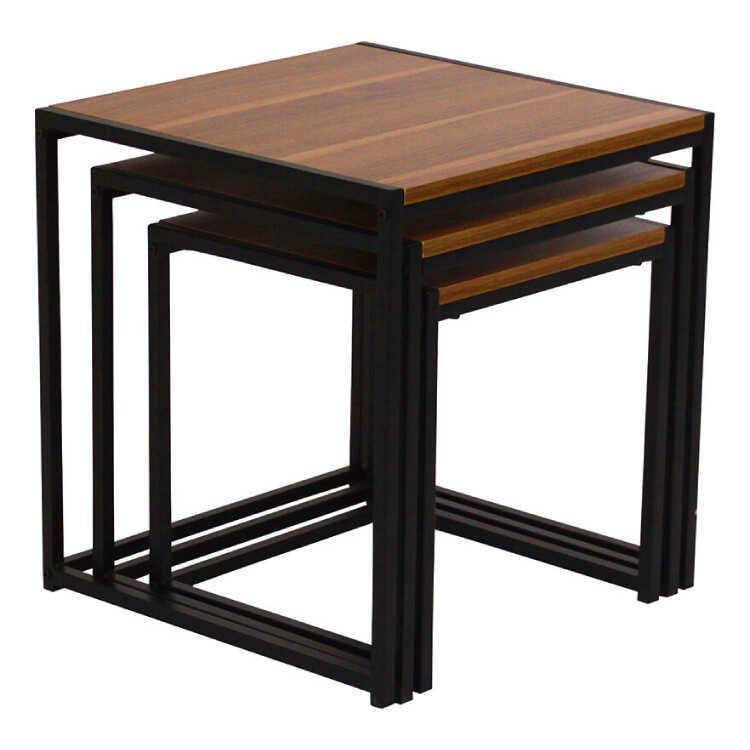 ネストテーブル木目ブラウン＆黒ブラックスチール（大・中・小3個