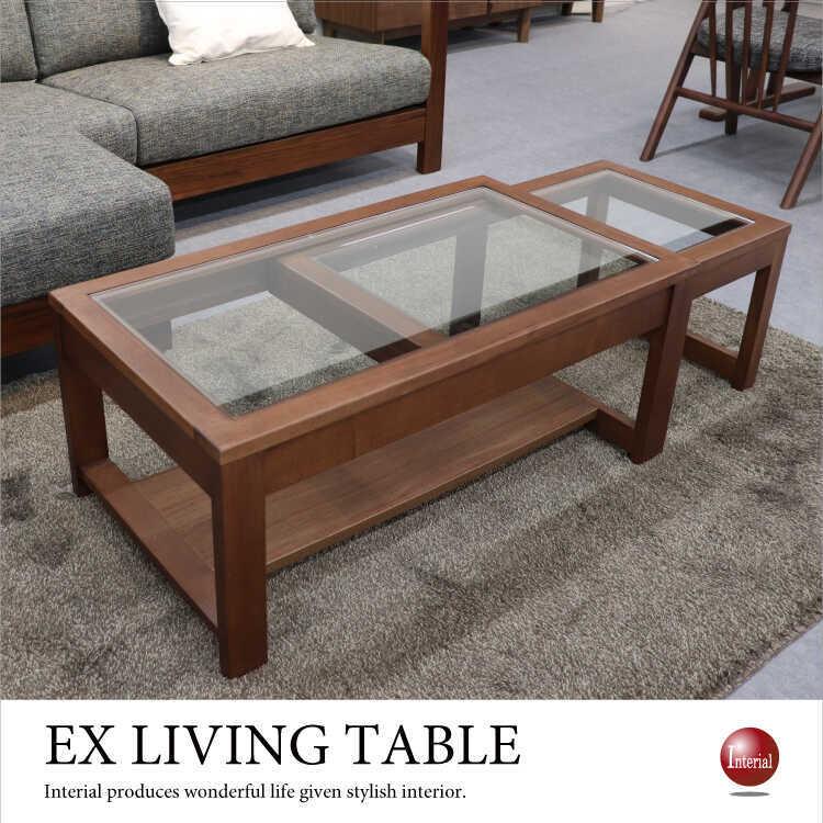 ガラスと木製の長方形テーブル 約90cm x 55cm 東谷 センターテーブル 幅90cm ガラス天板 木製 アンティーク調