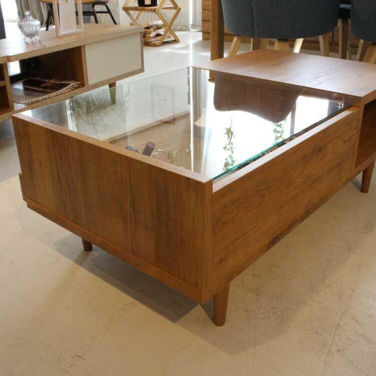 モダン木製ガラスローテーブル 引き出し付き MODERN DECO テーブル 国産 完成品 ローテーブル センター