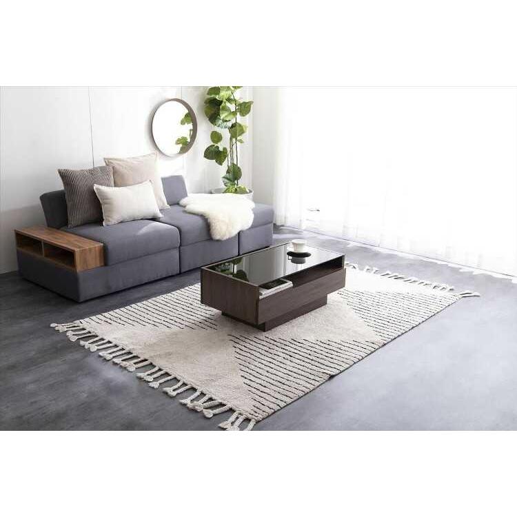 モダン ガラス天板 ローテーブル　ダークブラウン ガラス・ローテーブル～収納付き～モダンアジアンテイストの魅せる