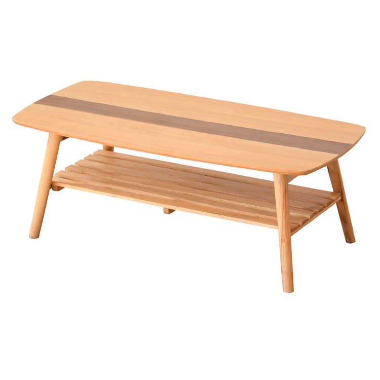 幅105cm・センターラインがお洒落な折りたたみ＆棚付きセンターテーブル 天然木オーク製 ナチュラル色 ローテーブル リビングテーブル コーヒーテーブル 可愛い |  | 01
